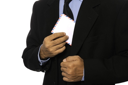 Business man showing blank envelope isolated over white background  You can put your message on the envelopeの写真素材