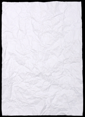 Crumpled white paper texture isolated over black backgroundの写真素材