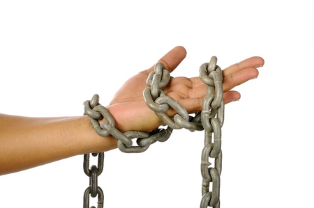The hand with chain isolated over white backgroundの写真素材