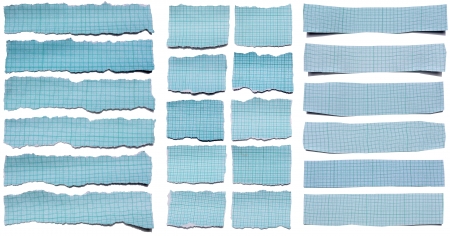 Collection of blue torn pieces of paper on white background  Each one is shot separatelyの写真素材