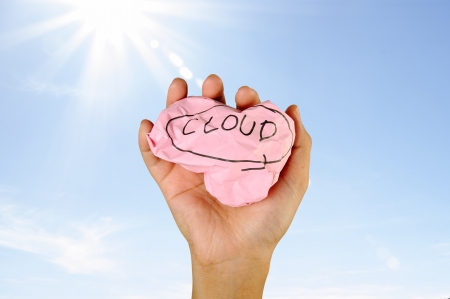 Cloud computing concept. Human hand holding crumpled paper with cloud writing on sky backgroundの写真素材