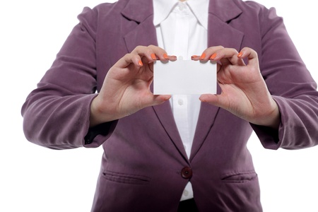 Asian business woman showing name card on white background. You can put your design on the cardの写真素材