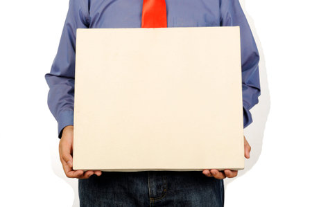 Male hand holds a square canvas isolated over white background