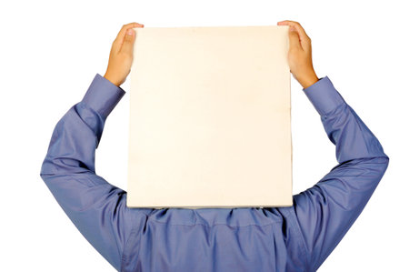 Man hand hold empty canvas isolated over white backgroundの写真素材