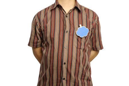 Man show blank wooden sign isolated over white backgroundの写真素材