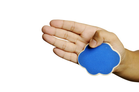 Man show blank wooden sign isolated over white の写真素材