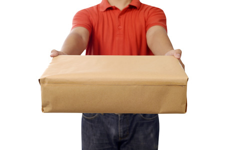 Hand deliver a package isolated over white の写真素材