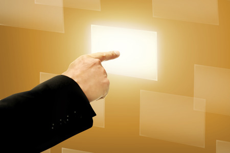 Business man hand push virtual box. Pick a choice conceptの写真素材