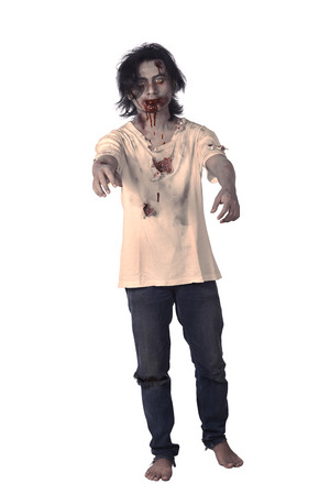 Scary asian male zombie isolated over white backgroundの写真素材