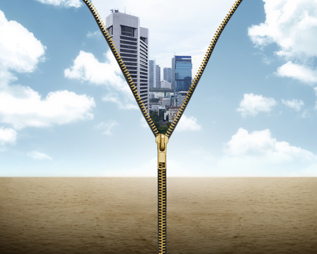 Concept of climate changing. Zipper open with another scene insideの写真素材