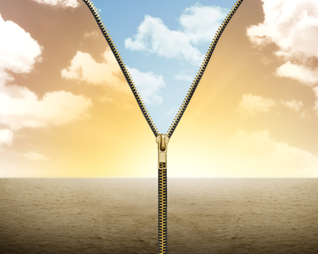 Concept of climate changing. Zipper open with another scene insideの写真素材