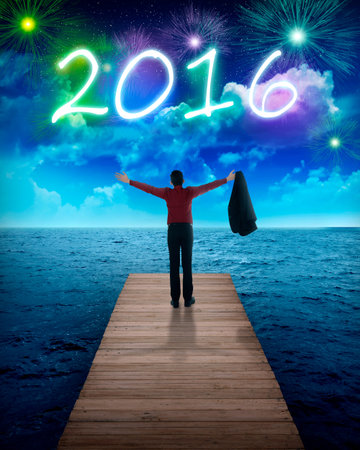 Business person looking to the sea, celebrate 2016 new year