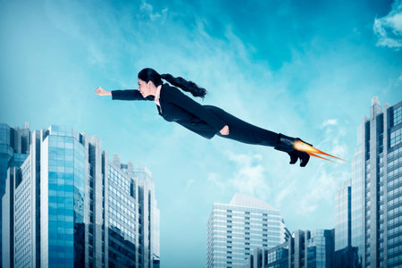 Asian business woman flying with rocket shoes. Business challenge concept