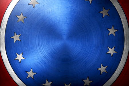 Blue round pin with stars and black stripes. Election day background or concept.の写真素材