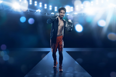 Spotlights stage illuminate asian boxer male with blue lightの写真素材