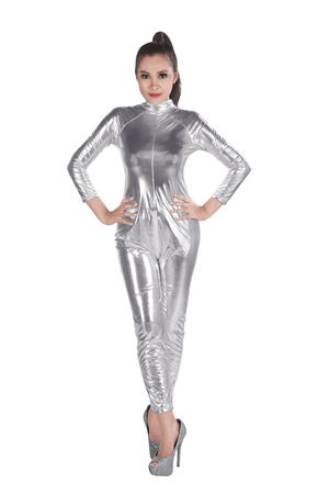 Asian woman wearing silver latex suit isolated over white background. Futuristic concept imageの写真素材