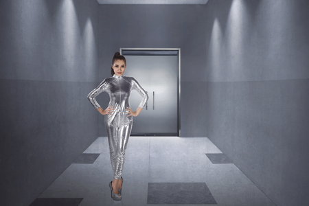 Young pretty asian woman inside digital world. Virtual reality conceptの写真素材