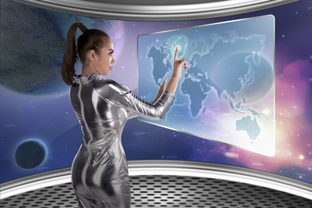 Young pretty asian woman inside digital world. Virtual reality conceptの写真素材