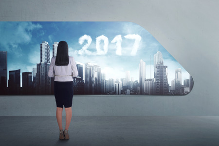 Back view of asian business woman with 2017 cloud shape on the sky. New year conceptの写真素材