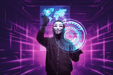 Hacker man with anonymous mask hacking system security on virtual screenのeditorial素材