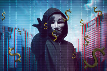 Hacker man wearing anonymous mask stealing money with binary code in backgroundのeditorial素材