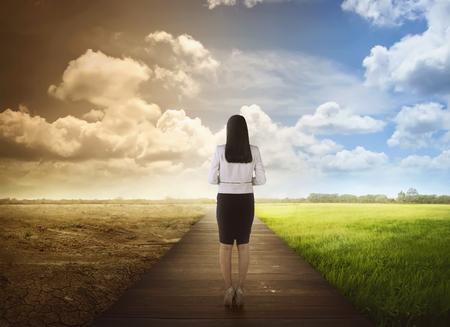 Back view of business woman standing between the changing environment. Concept of climate change.の写真素材