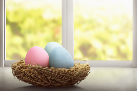 Colorful easter eggs in nest at desk in front of window backgroundの写真素材