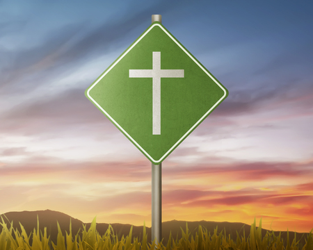Traffic road with christian cross with sunset backgroundの写真素材