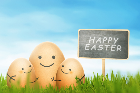 Happy Easter eggs with sign on a grass field with blue skyの写真素材