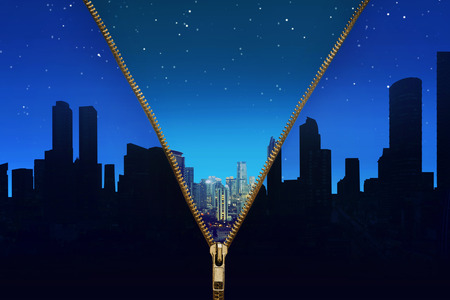 Open zipper showing cityscape at night changing to cityscape without light. Earth Hour Concept.の写真素材