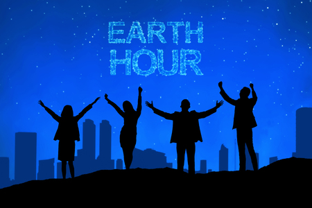Silhouette of business people with Earth hour message at nightの写真素材
