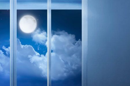 Window glass in the empty room with moonlight at night