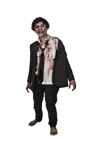 Scary asian zombie man in a suit clothes isolated over white backgroundの写真素材