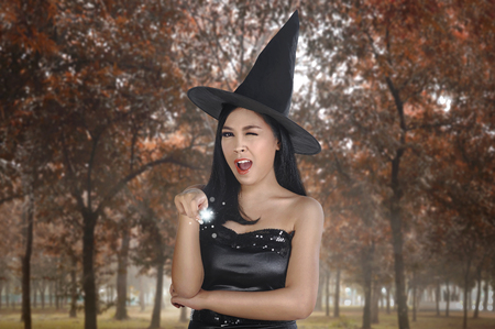 Beautiful asian witch woman with hat using magic spell on the forestの写真素材