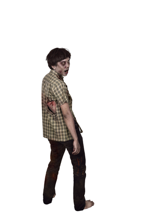 Scary asian zombie man in clothes standing isolated over white backgroundの写真素材