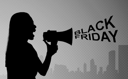 Silhouette of woman with mogaphone announce Black Friday over futuristic backgroundの写真素材