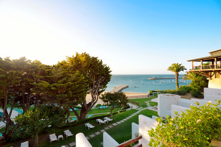 Beautiful sunshine view on the beach in Sesimbra from Hotel, Portugalのeditorial素材
