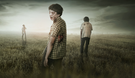 Group of asian scary zombies standing on dry grass field with dramatic sky backgroundの写真素材
