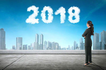 Back view asian business woman looking cloud with 2018 sign at blue skyの写真素材