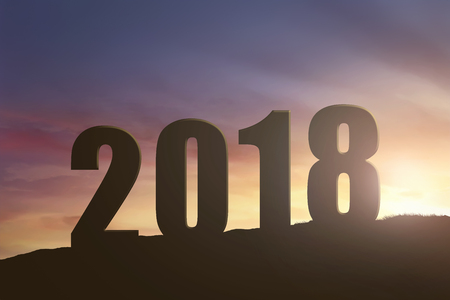 Number 2018 on the hill at sunset background. Happy New Year 2018の写真素材