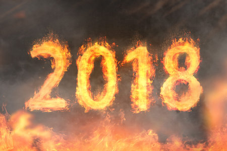 Number 2018 by fire with smoke background. Happy New Year 2018
