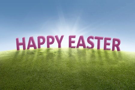 Greeting of Happy Easter on the green grass with sunlight backgroundの写真素材