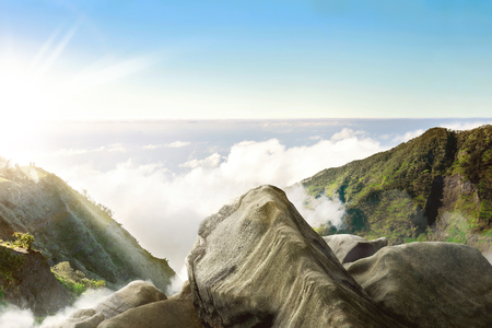 Beautiful panoramic view on sunny day from the top of mountainsの写真素材