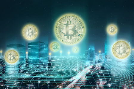 Bitcoin network on the city with bitcoin icon. Cryptocurrency concept.の写真素材