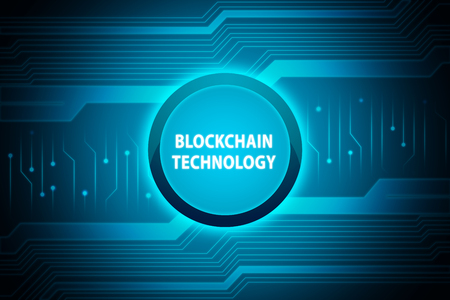 Blockchain technology text on blue button with digital backgroundの写真素材