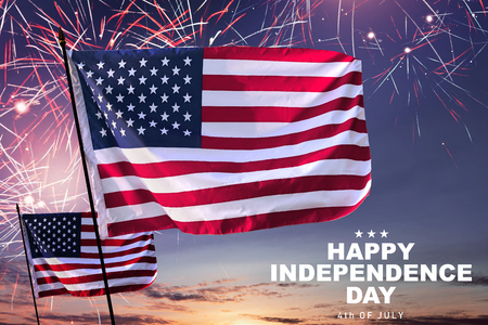 Waving american flag with fireworks background. Happy Independence dayの写真素材