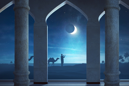 Silhouette of muslim man praying in outdoor with night scene backgroundの写真素材