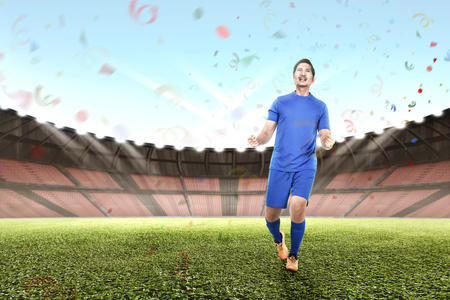 Professional asian footballer celebration his victory at stadiumの写真素材