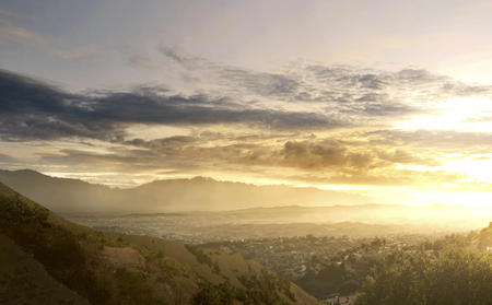 Beautiful view from mountain peak at sunsetの写真素材