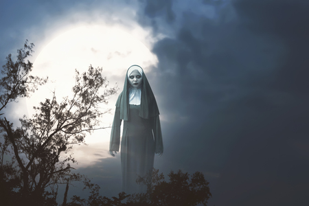 Scary devil nun with full moon background. Halloween conceptの写真素材